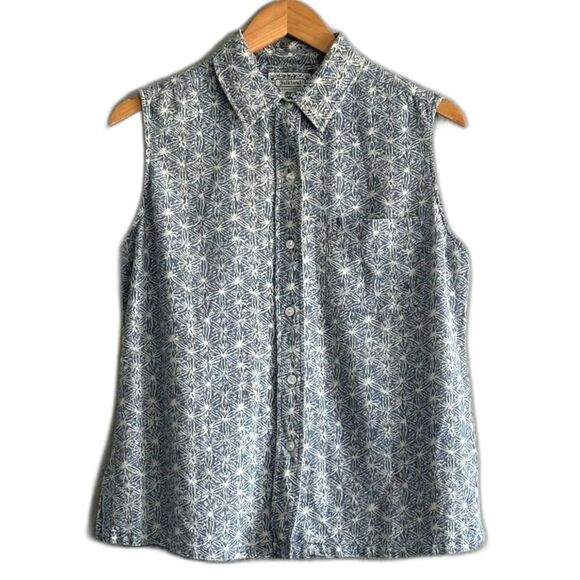 100% Silk Blouse Medium Blue Button Up Collared Sleeveless Top w Pocket Silkland - Picture 2 of 6